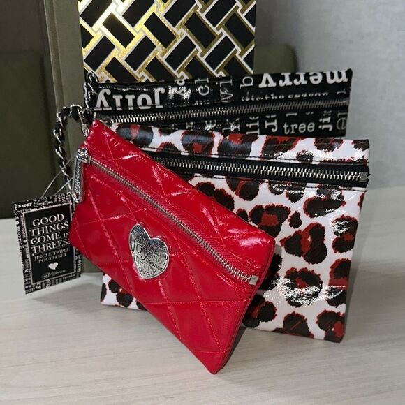 Brighton Red Animal Christmas Print Jingle Triple Pouch Travel Cosmetic Set - Picture 1 of 16